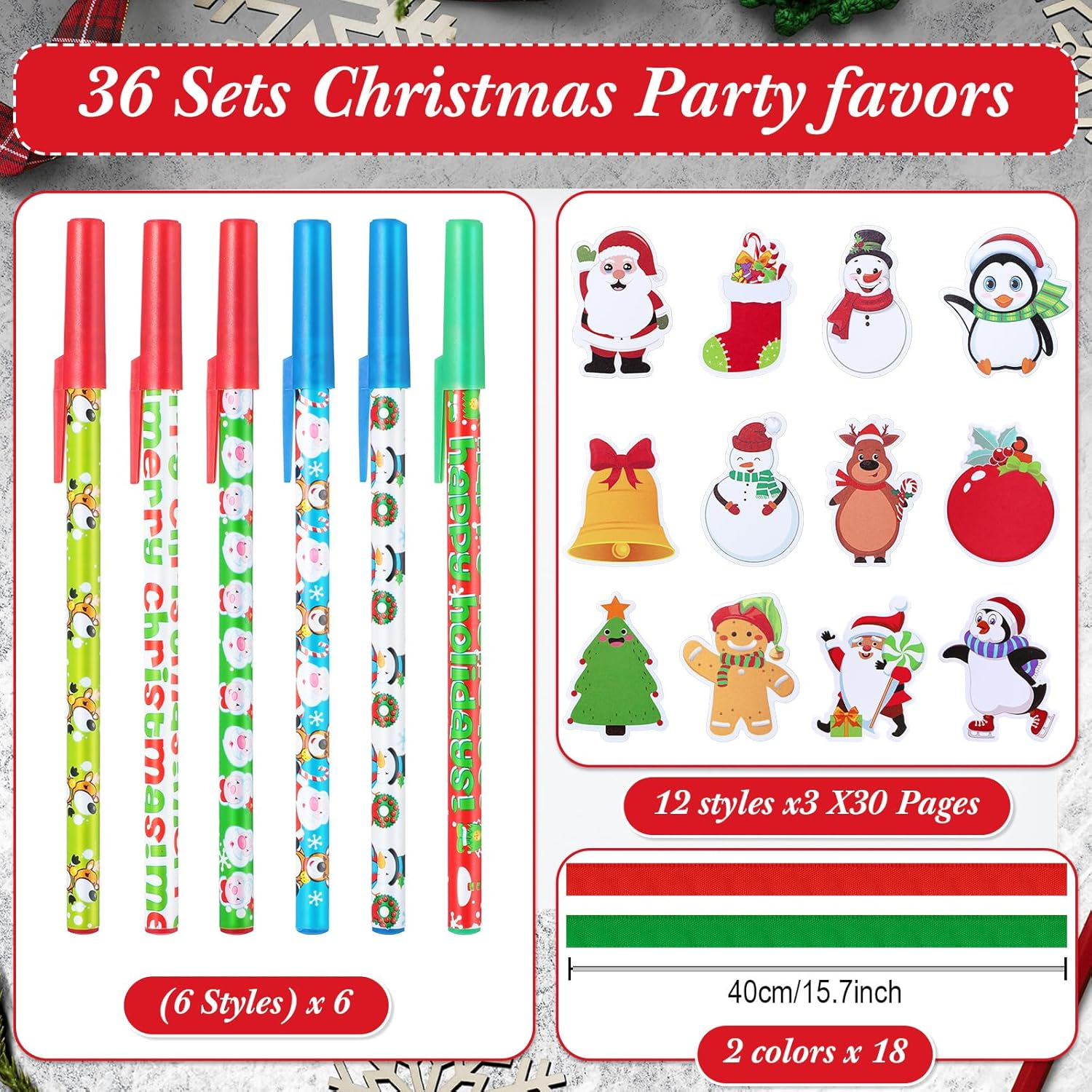 Cholemy 36 Sets Christmas Notepad Holiday Ballpoint Pens with Ribbon Winter Holiday Theme Sticky Note Set Christmas Pens for Kids Stationery Gift Goodie Bag Fillers Classroom Reward (Cute Style) image number 1