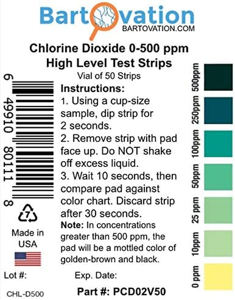 Chlorine Dioxide Single Factor Test Strip 0-500Ppm Range (Vial of 50 Strips)