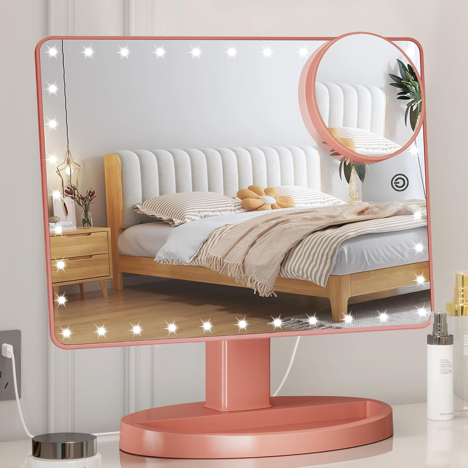 FUNTOUCH Large Lighted Vanity Makeup Mirror (X-Large Model), Light up Mirror with 35 LED Lights, Touch Screen and 10X Magnification Mirror, 360&deg; Rotation Tabletop Cosmetic Mirror (Black)