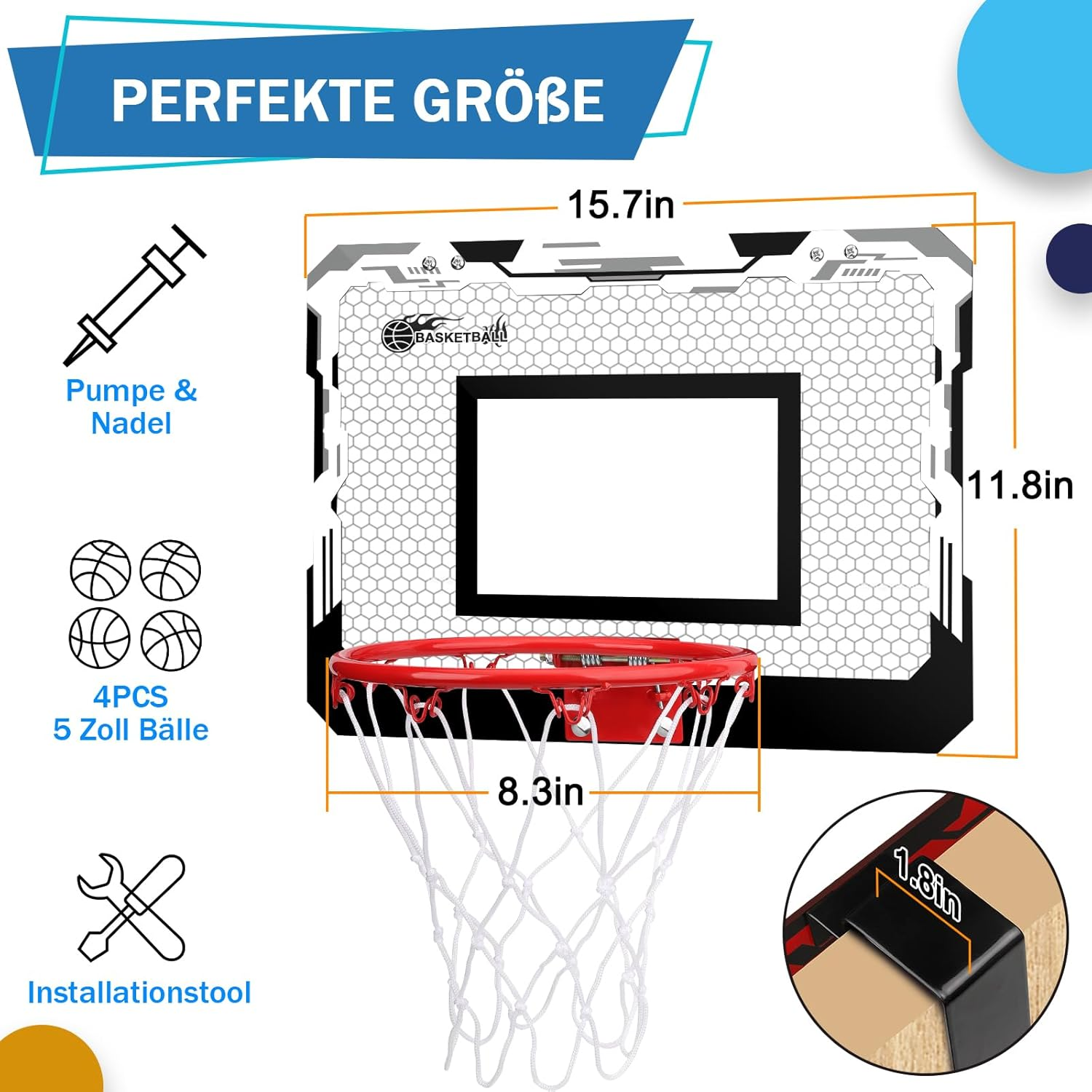 Mini Basketball Hoop for Children Adults, over Door Basketball Hoop with 3 Rubber Balls, Sports Party Favour for Home Office Door Wall, Gift for Boys Girls image number 3