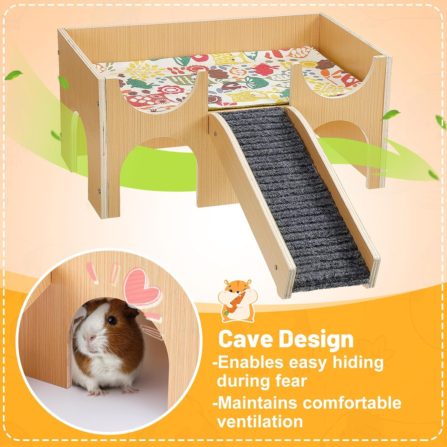 Upgraded Guinea Pig Castle, Sturdy Wooden Guinea Pig Hideout, Small Animal House Bed Hut Habitats with Stairs, Easy to Assemble for Hamsters Bunny Chinchillas Playing Hiding image number 1