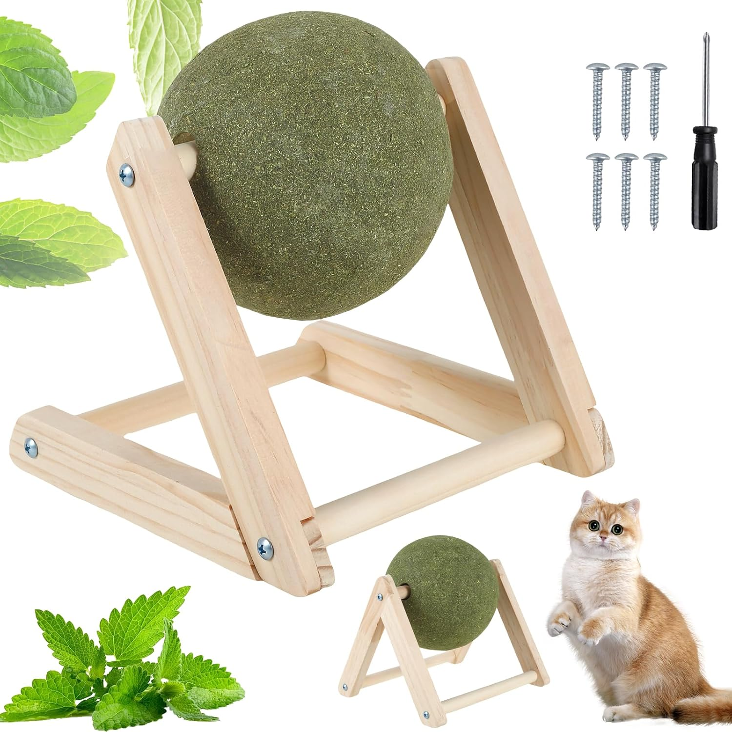 Cat Mint Ball Toy, Catnip Floor Ball Toy with Wood Stand, Rotatable Catnip Roller Ball Floor Mount, Interactive Catnip Floor Toys for Cat Playing and Training (Large) image number 2