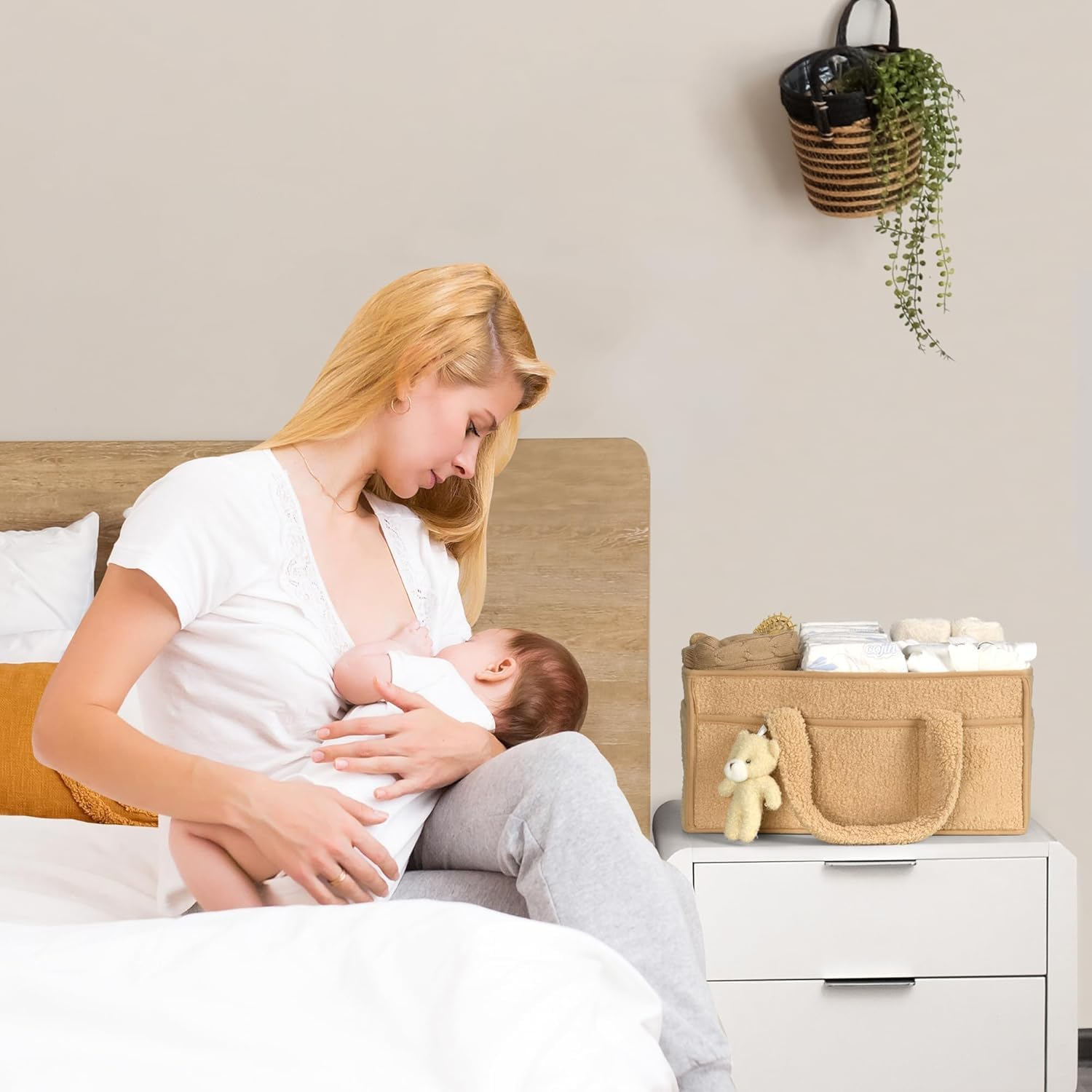 Baby Nappy Caddy Diaper Caddy Organizer, Baby Storage Basket for Diapers and Wipes (Beige Yellow, with Bear) image number 5