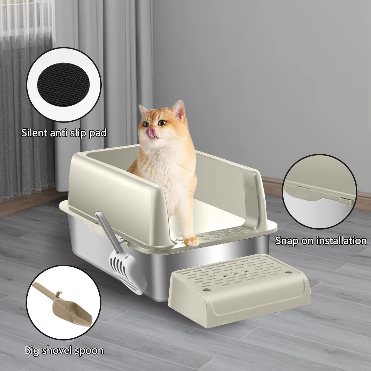Menbyci Stainless Steel Cat Litter Box with Lid Footboard,Metal Extra Large Litter Box Self Cleaning,High Side Enclosure Cat Litter Tray for Big Kitty,Cat Scooper for Litter Boxes,24X16X12In (Khaki) image number 3