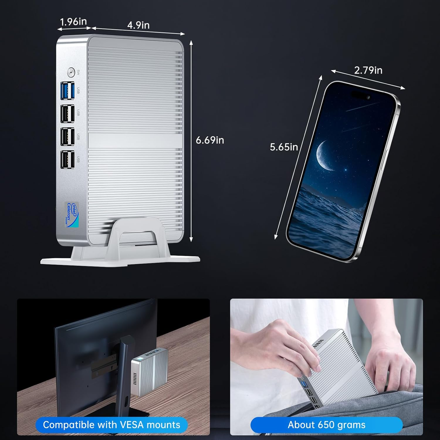 Fanless Mini PC, Desktop Computer 12Th Alder Lake-N100, up to 3.4Ghz, 8G DDR4, 256G M.2 NVME SSD, Windows 11 Pro, Dual LAN, 4K@60Hz Triple-Display, 2Xhdmi/Dp, Wifi6, BT5.1, VESA, HTPC, WOL image number 5