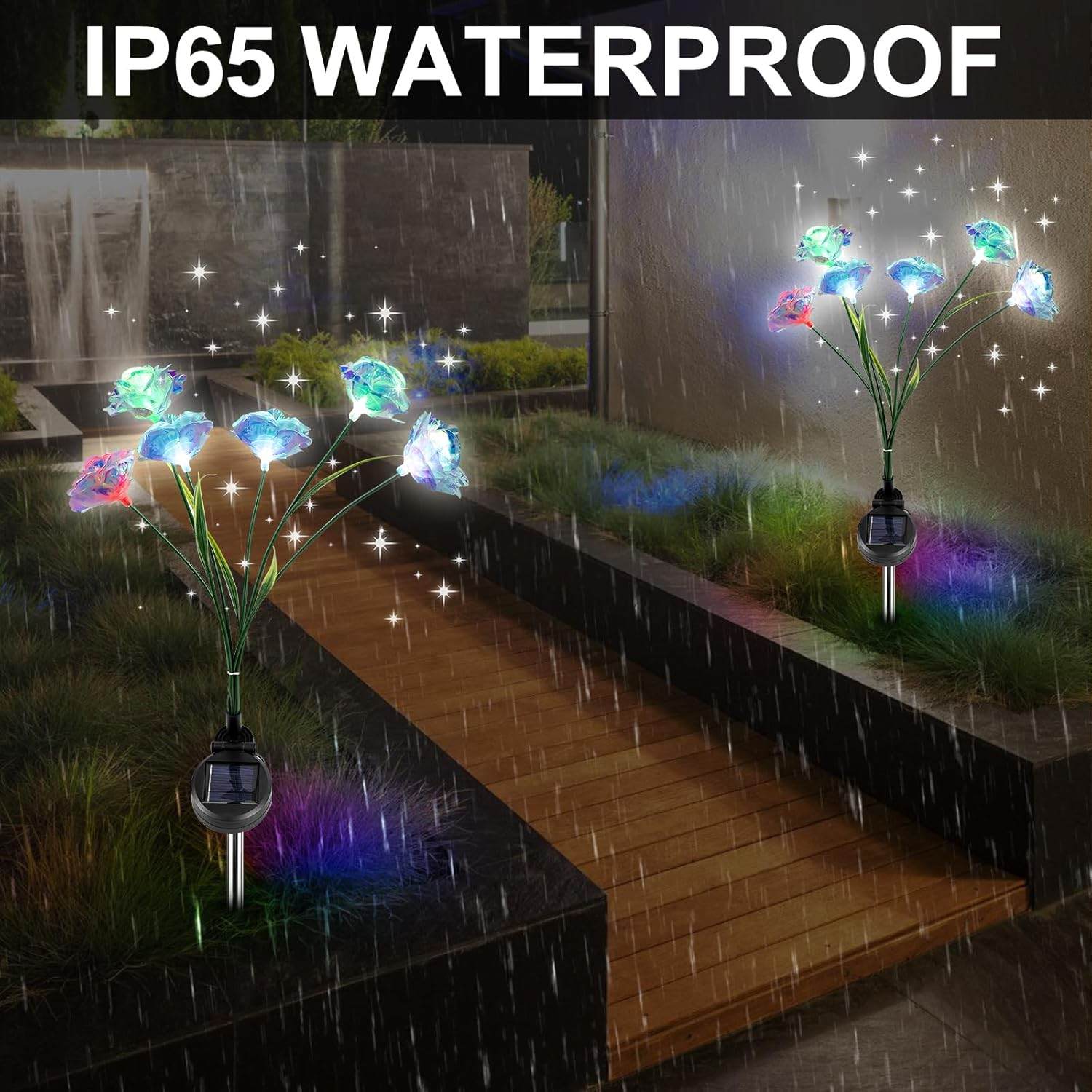 Pack of 2 LED Solar Lights Flower, Rose Petal Solar Garden Lights for Outdoor Garden, IP65 Waterproof Swinging Solar Garden Lights for Yard, Patio, Walkway Decoration image number 4