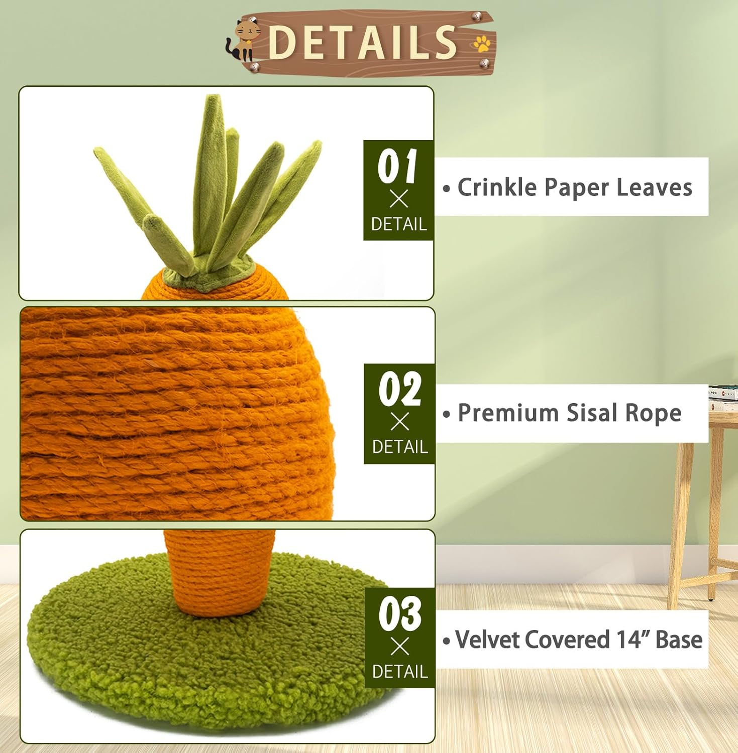 AUSCAT Cat Scratching Post, Cute Carrot Scratching Post, Nature Sisal Cat Scratcher for Indoor Cats and Kittens