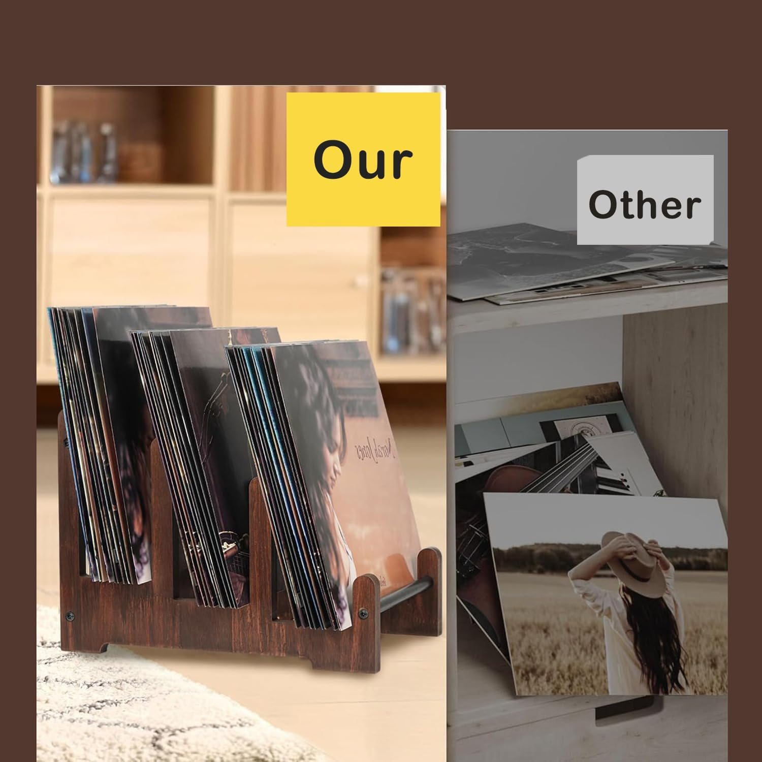 Record Holder - 3-Tier Vinyl Record Storage, Holds up to 60 Albums, Wooden Record Stand, Stylish Display & Organizer for Lps, Album Storage Rack for Collectors image number 2
