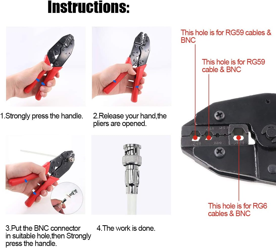 Glarks Coax Coaxial BNC Professional Crimping Tool with RG59 Coax Connector and Round/Flat UTP Cat5 Cat6 Wire Stripper and Wire Cable Cutter for RG55 RG58 RG59 RG62 5 6 21 140 141 142 image number 4