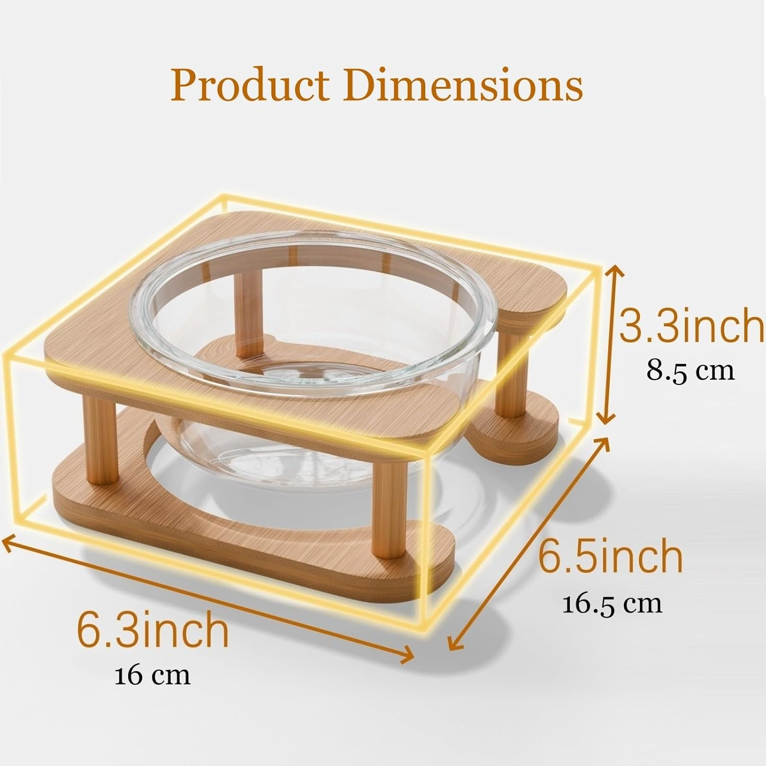 Glass Pet Bowl with Wooden Stand - Raised Comfort Feeding Bowl for Cats and Small Dogs - Transparent Bowl Easy Pick up to Clean