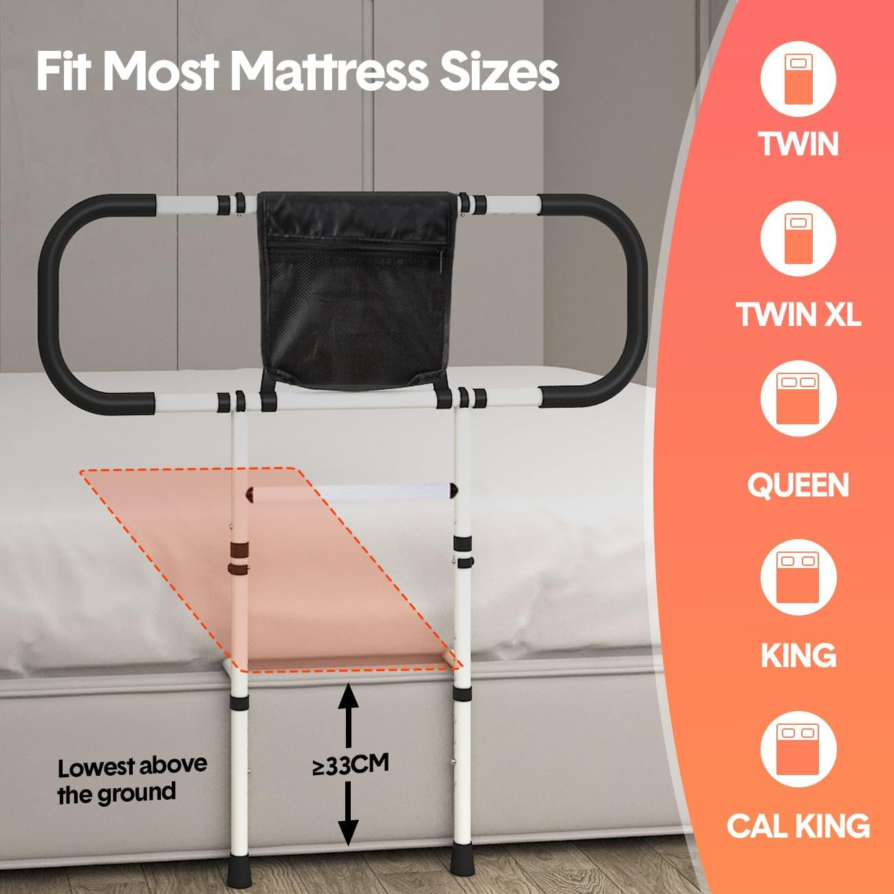 Bed Rails for Elderly Adults Safety Assistance, Bed Guardrails for Elderly Stand Adjustable Width and Height, Foldable Bedside Support Rail Bed with Pocket and Grab Bar