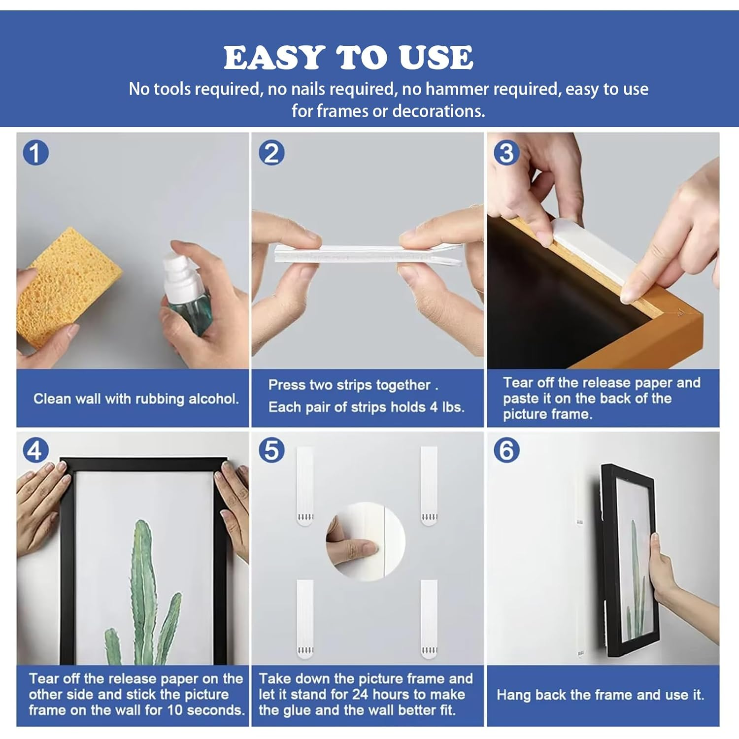 24 Pairs Picture Hanging Strips Heavy Duty, Poster Hanger, Removable Picture Hooks and Loop Tape Picture Hanger, Waterproof Adhesive Strips without Nails for Frame Hanging and Christmas Decorations