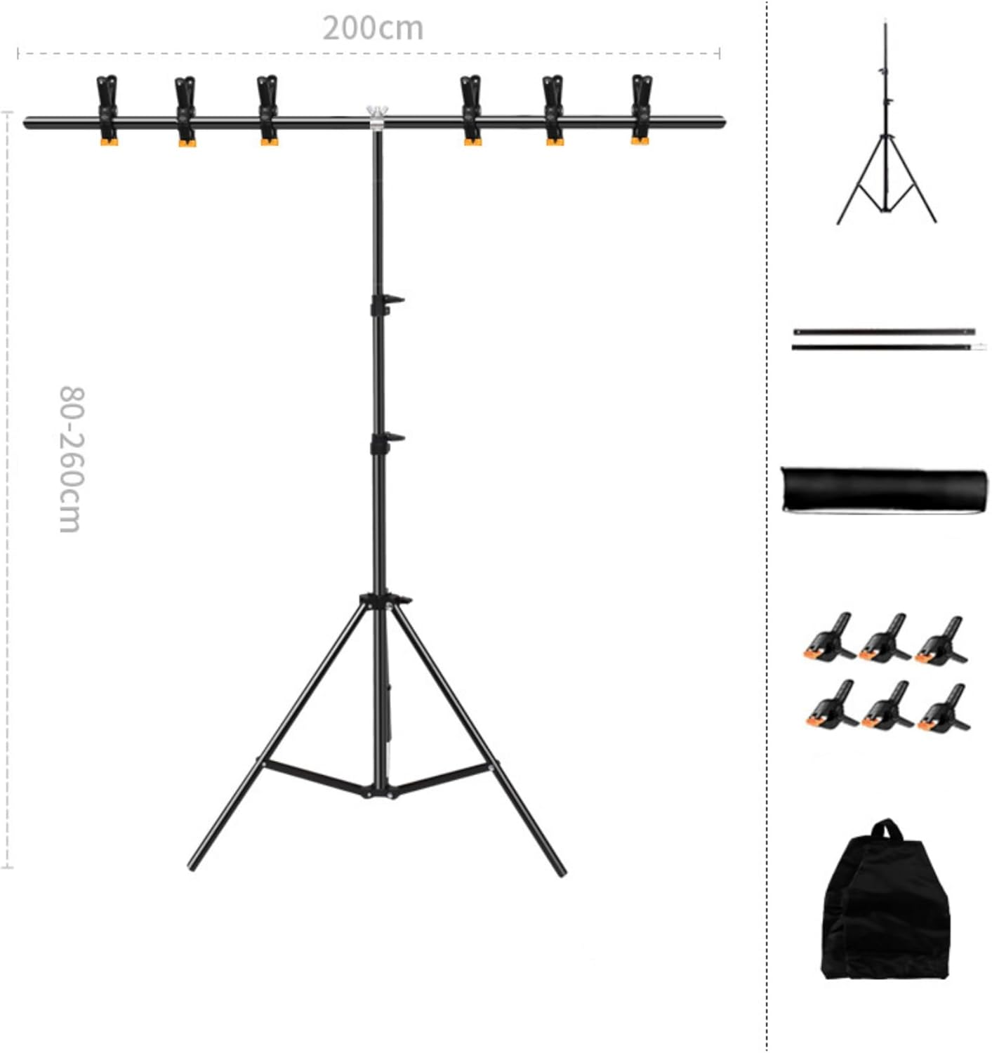 T Shape Backdrop Stand, Adjustable Background Support Stand Kit, Portable Photo Banner Holder with 6 Spring Clamp, Sandbag Carry Bag for Party, Wedding, Photoshoot, Photography (2M&times;2.6M) image number 6