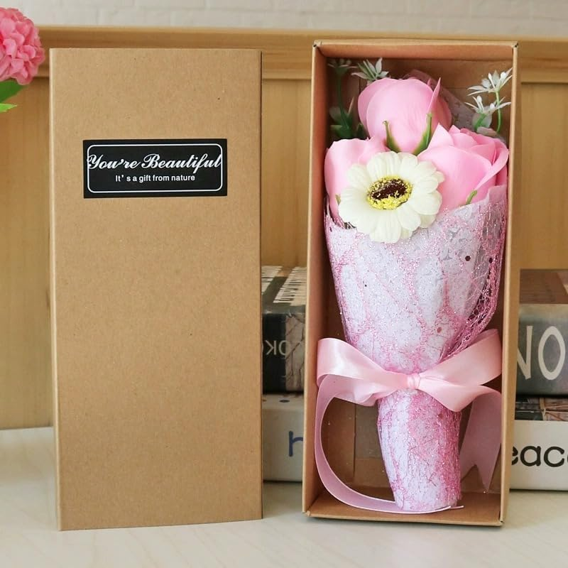 Angel'S Finery Eternal Bouquet Realistic Simulated Soap Flowers Preserved Roses Gift Box Home Decor Valentine'S Day Date Night Birthday Gift Girlfriend Romantic Gift - 3 Pink Roses Daisy image number 2