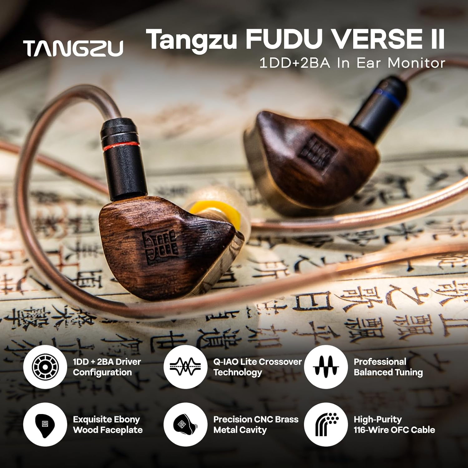 Linsoul Tangzu FUDU VERSE II Hybrid 1DD+2BA in Ear Monitor Headphone, Hifi IEM Earphone, Wired Earbuds with Balanced Tuning, Cnc-Machined Brass Cavity, Detachable OFC 2Pin Cable for Audiophile (3.5Mm) image number 3