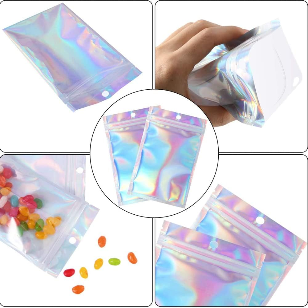 50PCS Food Storage Pouch Holographic Resealable Mylar Zip Aluminum Foil Bag (9X16Cm) image number 2