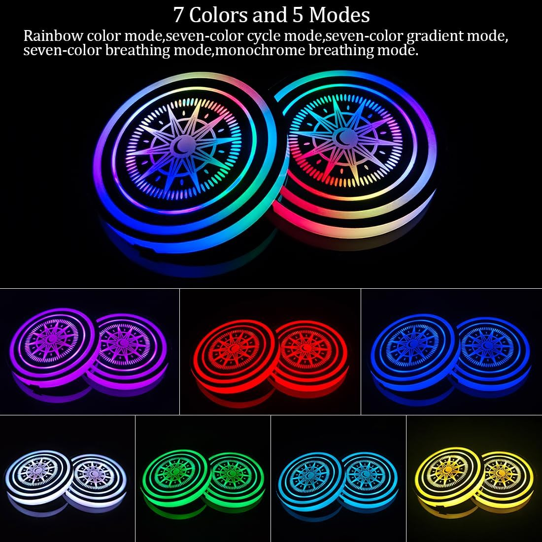Led Cup Holder Lights for Car,2 PCS 7 Colors Changing Led Car Coasters,Usb Charging Car Atmosphere Lamp,Cup Holder Lights for Car Decoration image number 4