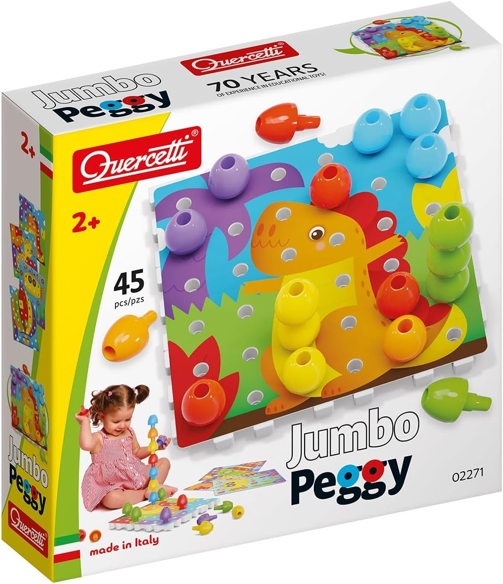 Quercetti - Jumbo Peggy Medium - Stacking Peg Toy with Illustrated Cards and 9 Linking Boards and 36 Pegs, for Kids Ages 2 Years +