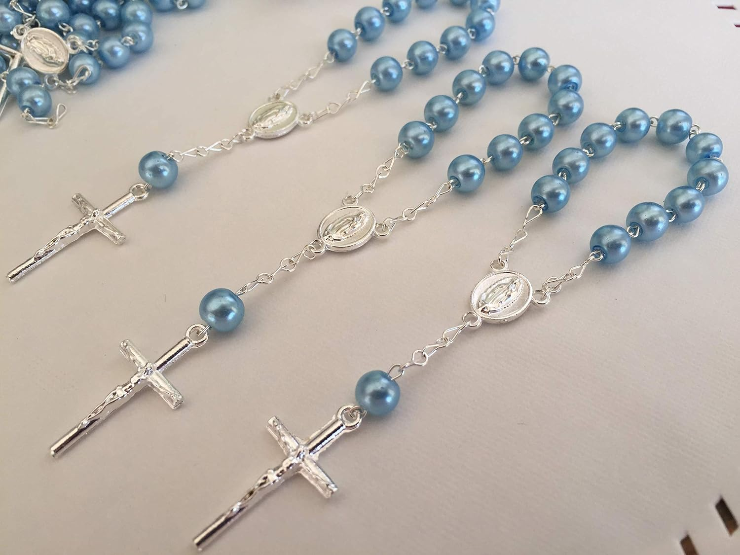 25 Pc Baptism Favors Baby Blue Crystal Pearls Silver Plated Mini Rosaries/Recuerdos De Bautismo/Christening Favors/Decenarios/Recuerdos De Bautizo Perlas Azul Cielo, Glass image number 2