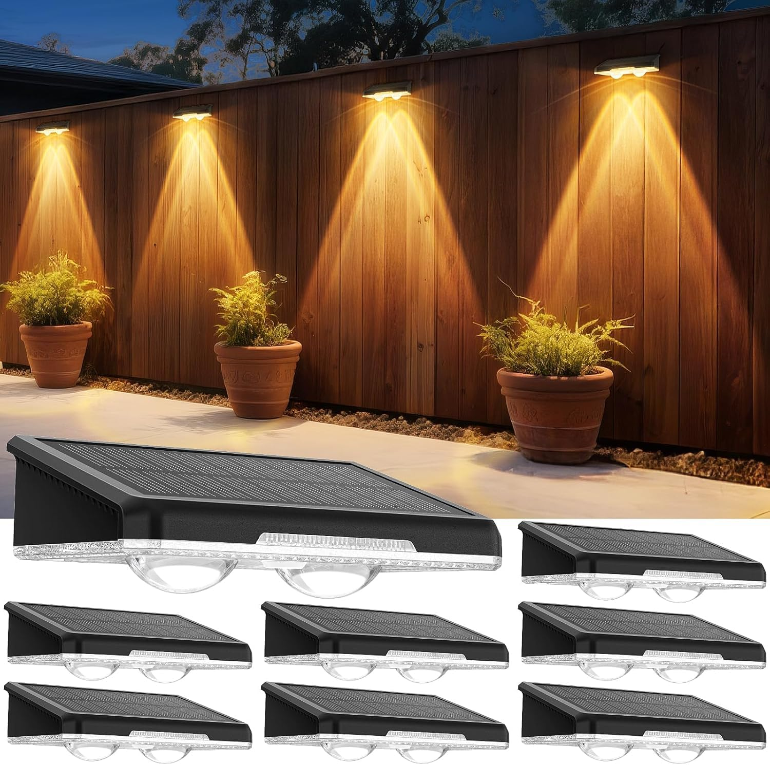 Rhoyee Solar Fence Lights Outdoor &ndash; 8 Pack LED Deck Lights with 3 Color Temperature Modes (3000K/4000K/6000K), IP65 Waterproof Solar Wall Lights for Backyard, Fence, Steps, Railing, Patio & Garden image number 3