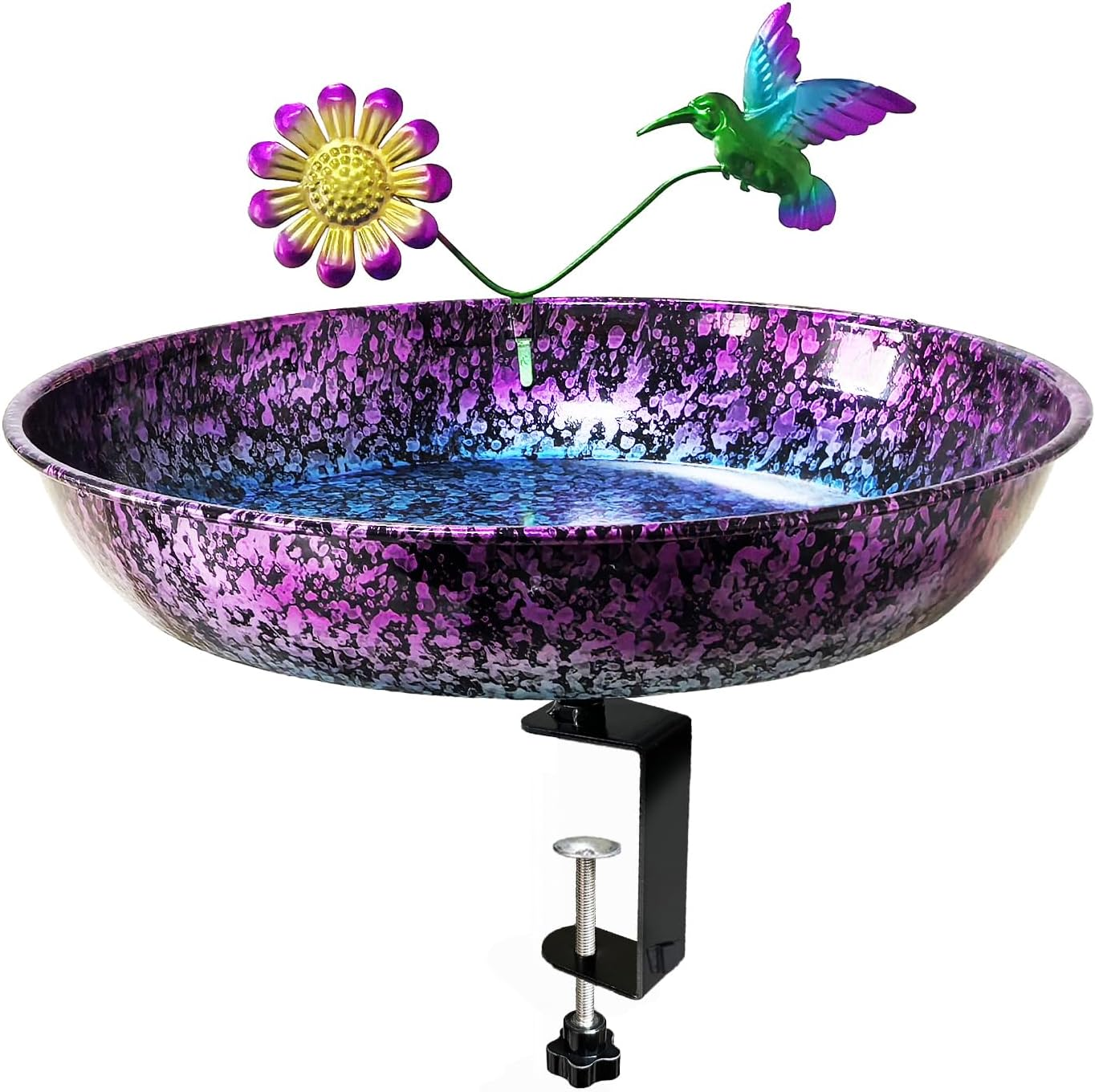 Deck Bird Bath for Outdoors, 11 Inch Colorful Purple/Blue Metal Birdbath Bowl Adjustable Steel Clamp Mounted Garden Bird Bath Feeder for Railing Balcony Outdoor Decor Yard Art image number 6