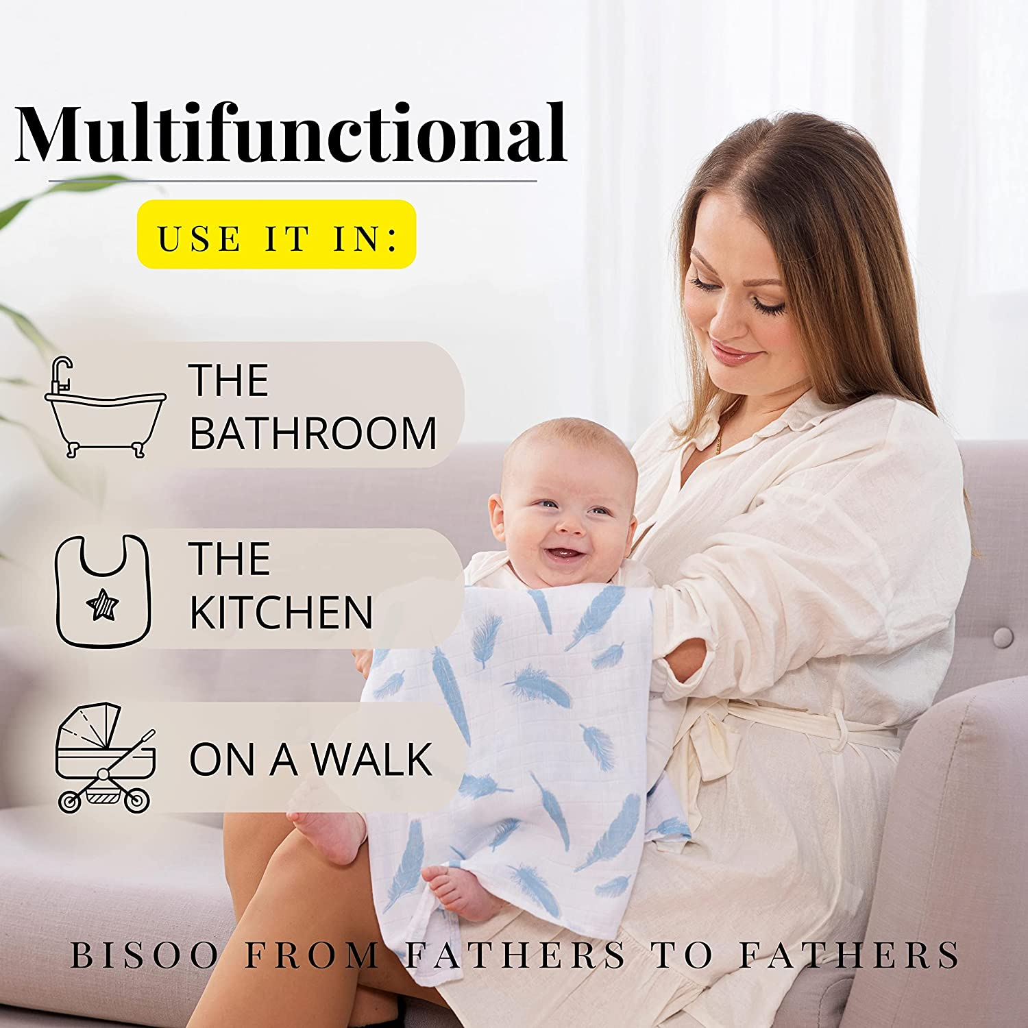 Bisoo Muslin Cloth for Baby - 60% Bamboo Fiber and 40% Cotton Muslin Squares - Soft and Breathable for Newborns - Multipurpose Burp Cloths - 5-Pack Unisex Baby Muslins 27X27 in (Joy) image number 6