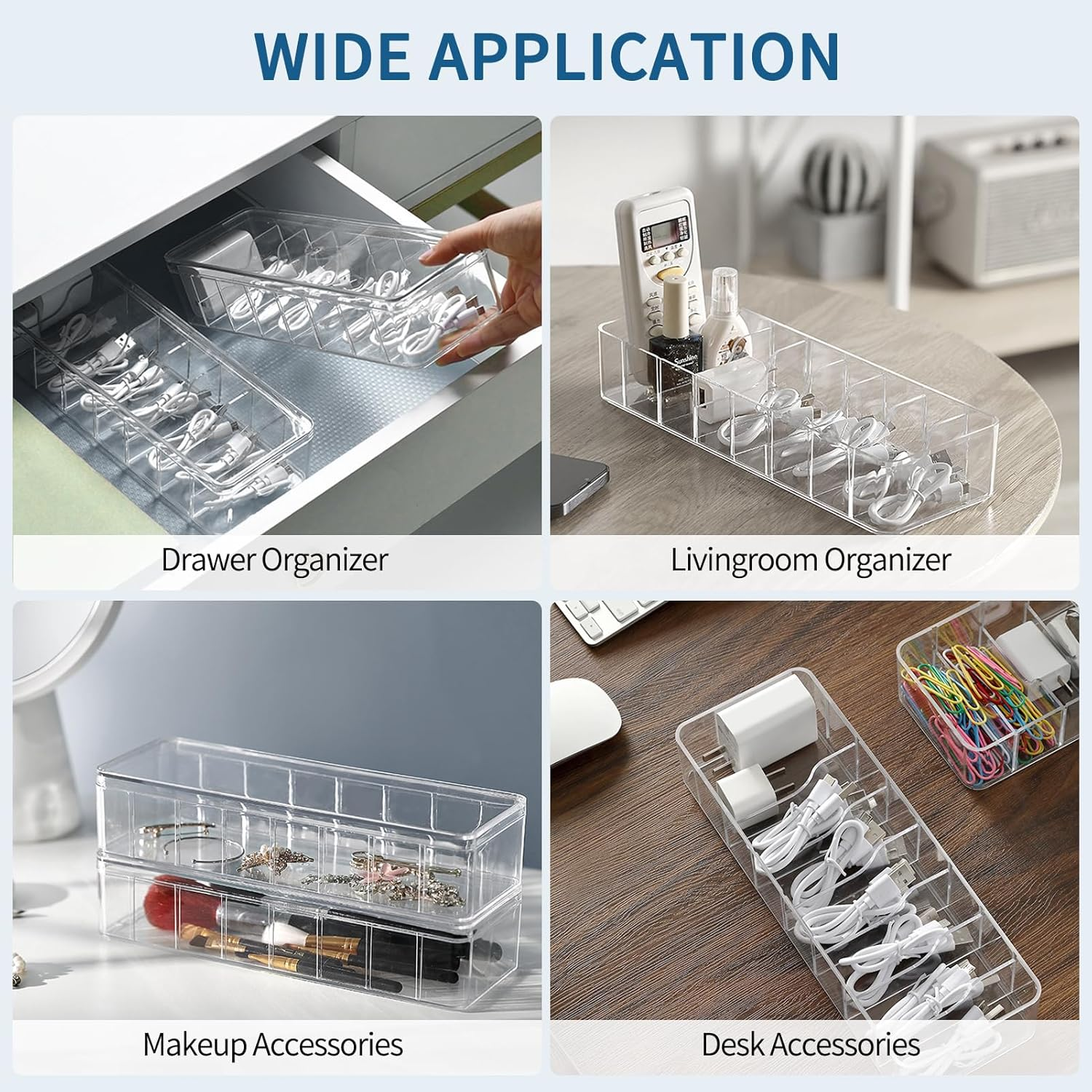 FYY Clear Electronics Organizer Box - with 10 Wire Ties, Desktop Cable Management Box with Lid, Acrylic Cord Organizer Case 8 Compartment Electronic Accessories Case for Desk Drawer, Office, Home image number 1