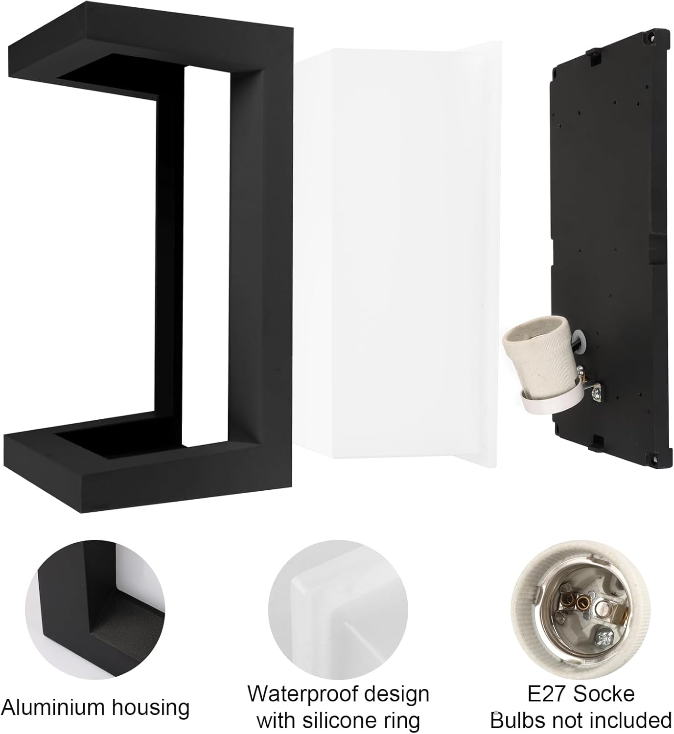 Klighten 2 Pieces E27 Outdoor Wall Lamp, E27 Wall Lamp, IP65 Outdoor Wall Lamp, 60W Outdoor Wall Lamp, Outdoor Wall Lamp Terrace, Aluminum Suitable for Indoor Outdoor. Black (Without Bulb) image number 6