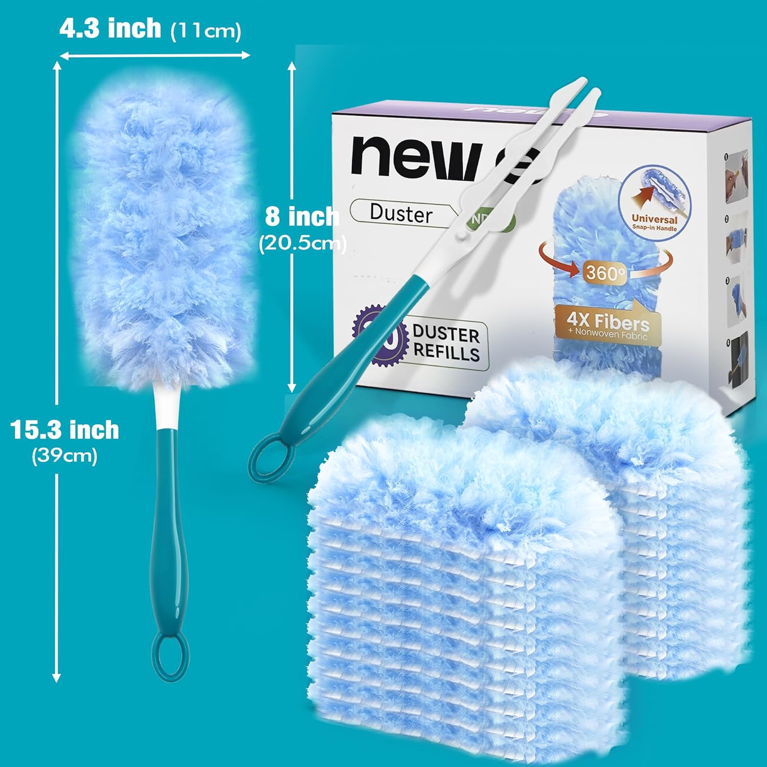 NEWE Duster Refills 20 PCS Compatible with Flash and Swiffer, Dust Magnet with 1 Handle, 360 Degree Heavy Duty Dusting Kit with 4X Microfibers for Cleaning Blinds Bookshelf Furniture image number 6