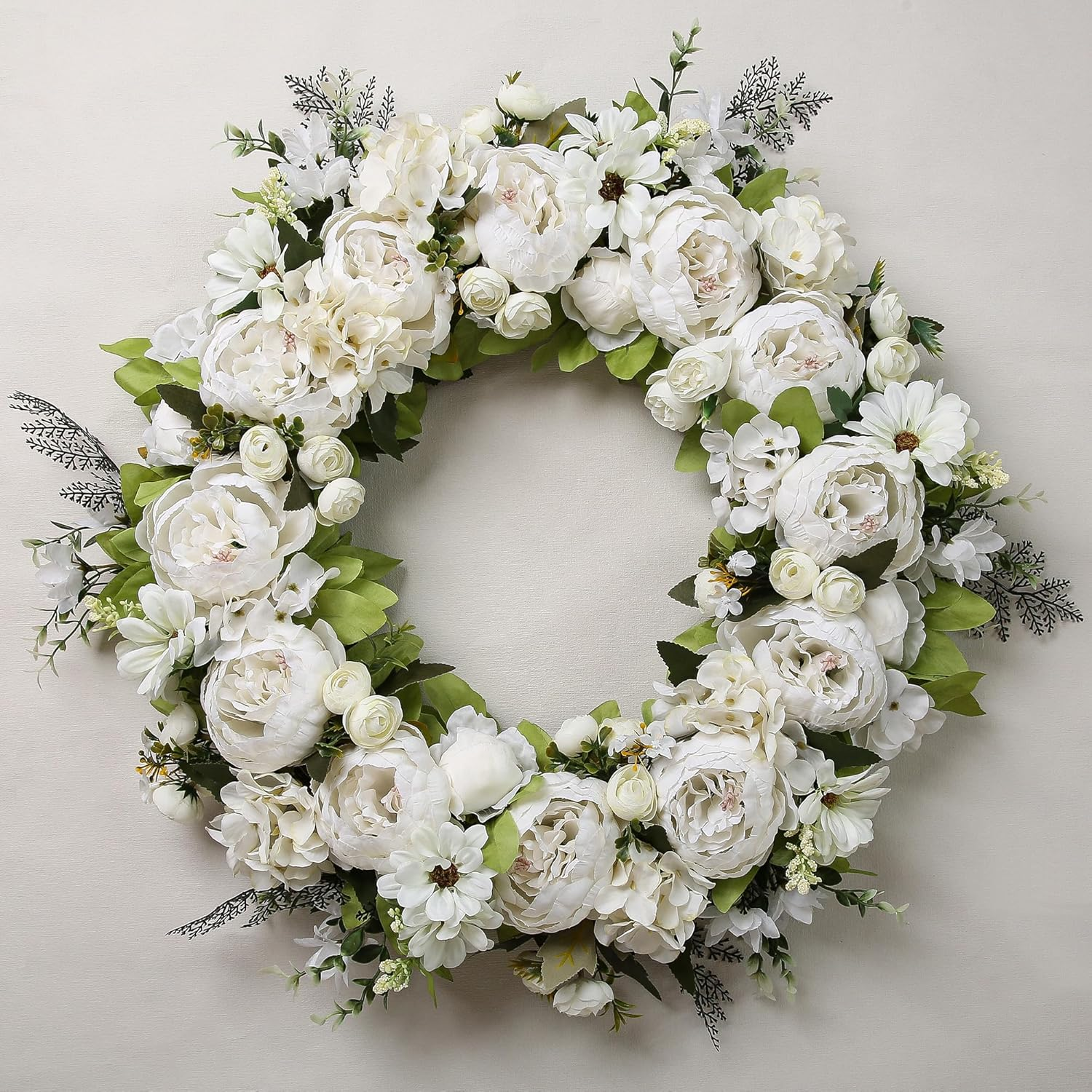 Peony Wreath 23" Floral Artificial Wreath for Front Door Wall Decor Home D&eacute;cor Festival Celebration Wedding Party New Owners Seasonal Decoration Housewarming Gifts Ezsenses (White)