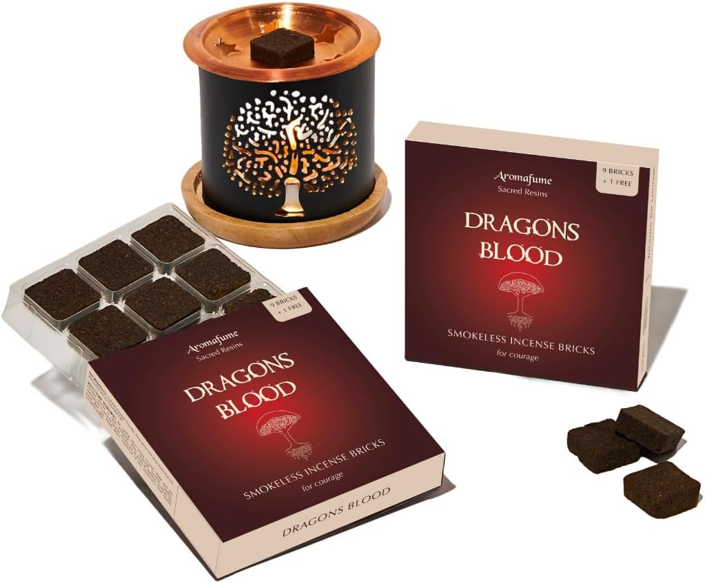 Aromafume Dragons Blood Incense Bricks (2 Trays X 9 Pieces Each) with Tree of Life Exotic Incense Diffuser Ideal for Positive Vibe Generation, Meditation, Purification, Healing & Rituals