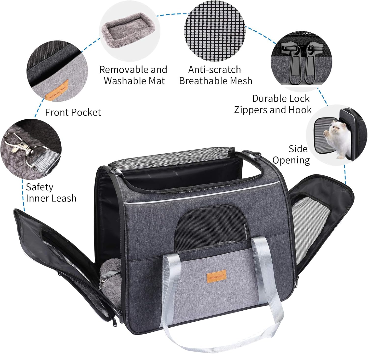 Morpilot Portable Pet Carrier with Top Opening, Breathable Mesh - Foldable Transport Bag for Dogs and Cats up to 20Lbs - Includes Shoulder Strap and Pet Bowl image number 1