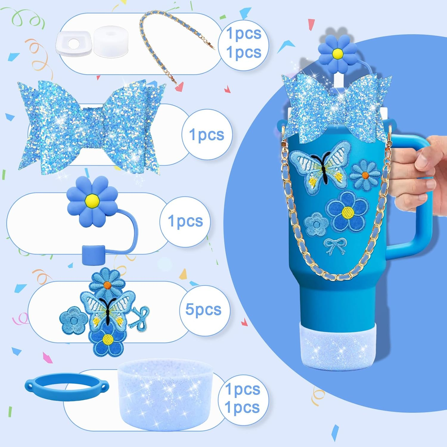 12PCS Bling Stanley Cup Accessories for 30Oz & 40Oz Tumbler with Handle,Including Leather Handle Strap,Straw Bow Decorate,Straw Topper Cover,Boot,Spill Proof Stoppers,Sticker (Blue) image number 3