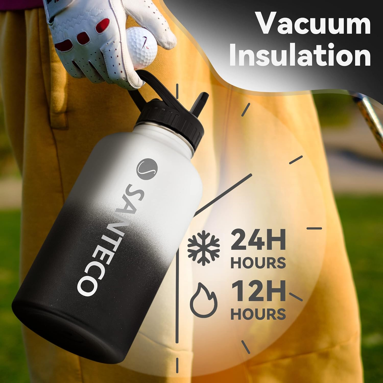 SANTECO Insulated Water Bottle with Straw 64 Oz Stainless Steel Leak-Proof 2 Liters Thermos Flask with Handle Lid Large Capacity Sport,Hiking,Gym-White Black image number 2