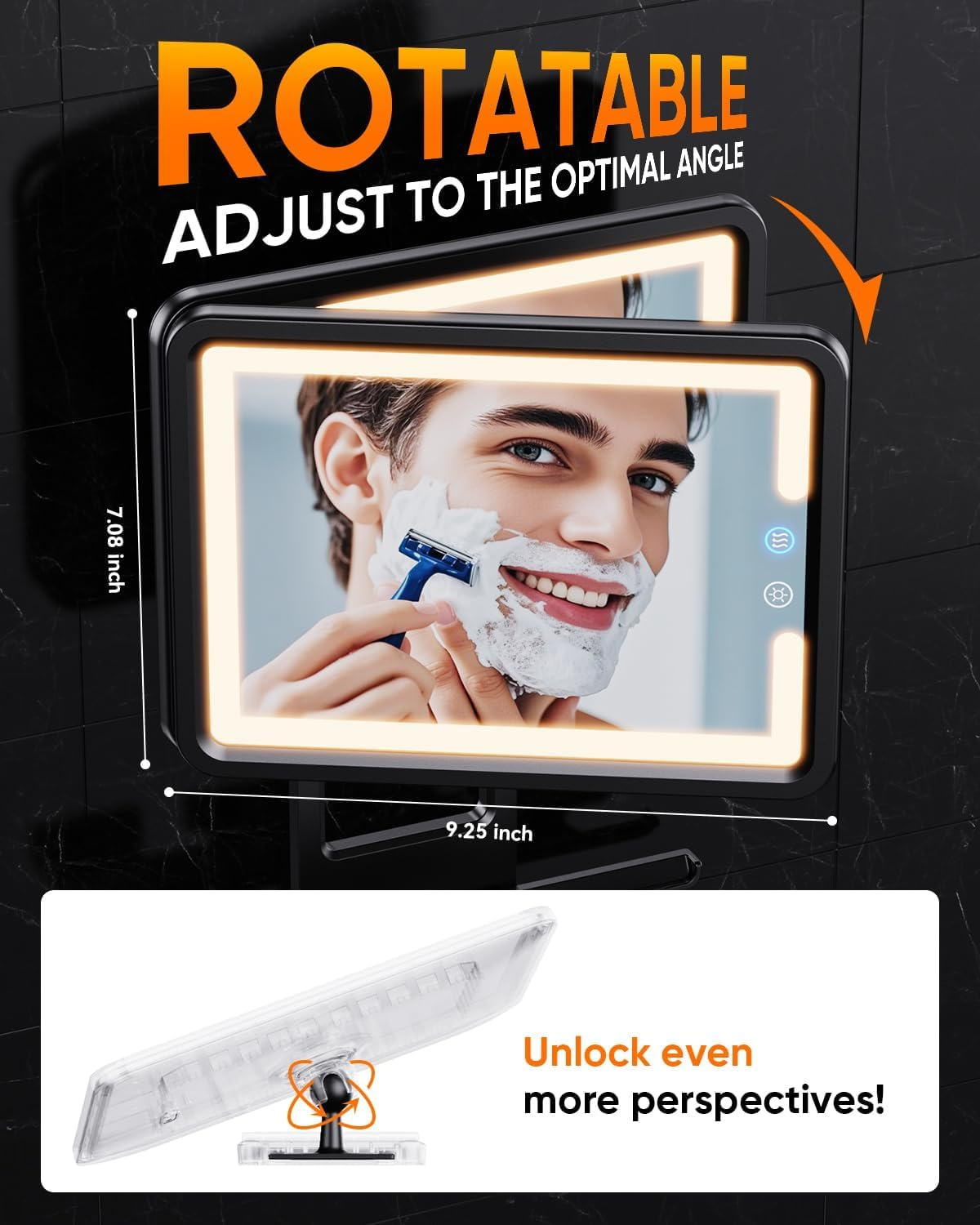 Fogless Lighted Shower Mirror for Shaving, 3 Colors Stepless Dimmable Lights, with Razor Holder, 360&deg; Rotation, anti Fog, Removable, Led Bathroom Mirror, Makeup Mirror (Black) image number 1