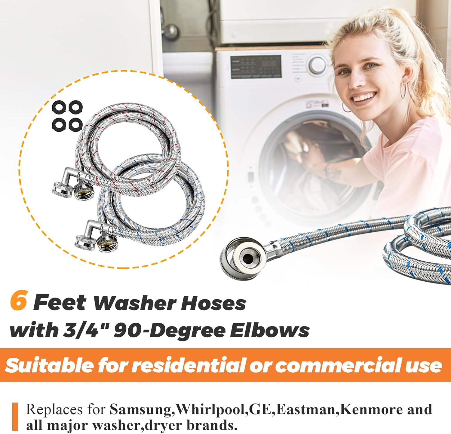 6FT Washer Stainless Steel Hoses with 90 Degree Elbows by Beaquicy - Burst Proof 3/4" FHT Standard Thread - 2 Pack Red and Blue Braided Hoses for Hot and Cold Water Supply - 10 Year Warranty