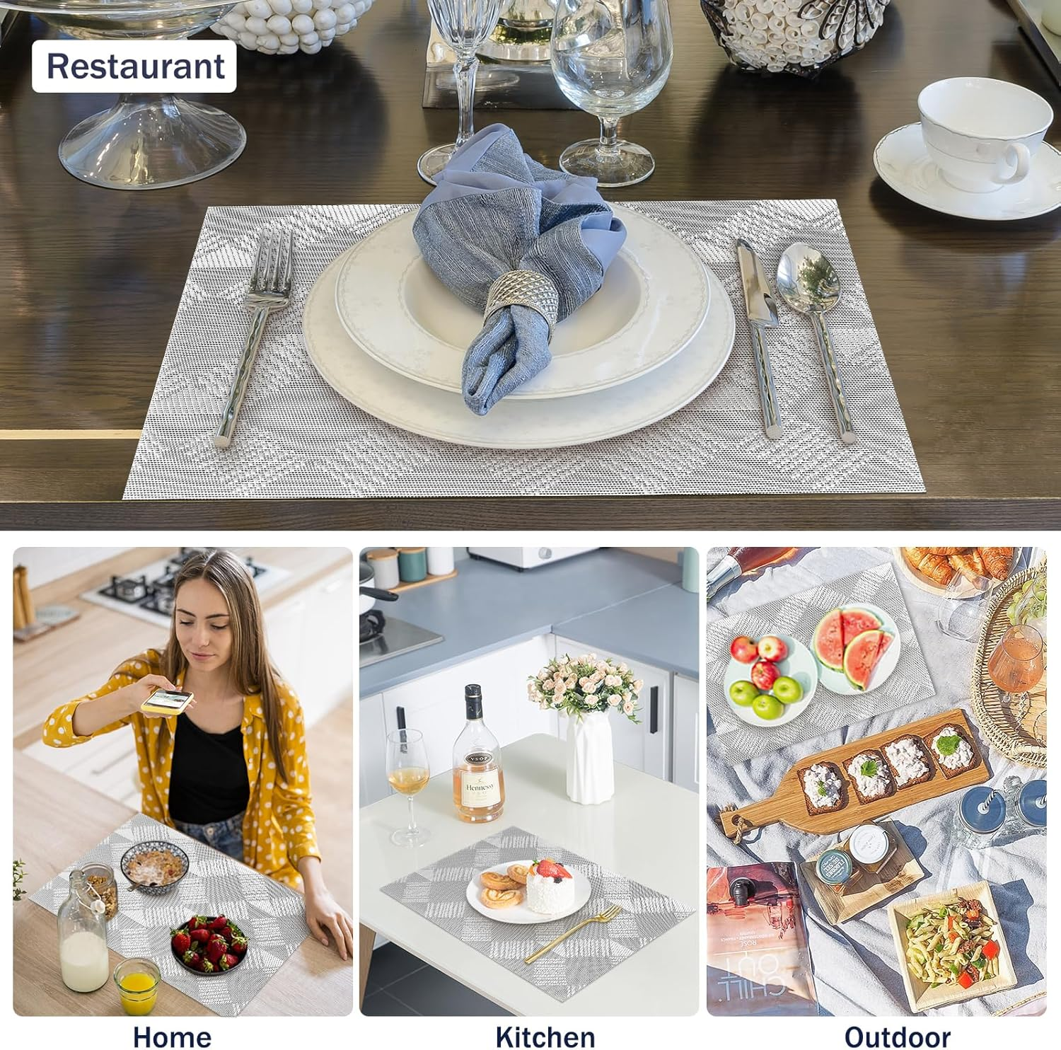 Placemats, Set of 6 Heat Resistant Place Mats, Stain-Proof Non-Slip Wipeable PVC Dining Table Mats, Dining Table Placemats for Easter Thanksgiving Christmas New Year Party Home Decor (Silver Diamond) - Bamboo Grey image number 2