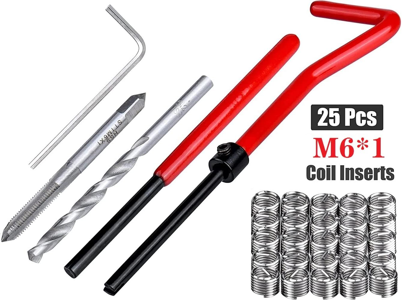 Fixinus Pack of 30 M6 X 1.0 Mm Thread Repair Insert Kit, Stainless Steel Thread Repair Kit, Helicoil Coil Compatible Hand Tool Set for Car Repair image number 4