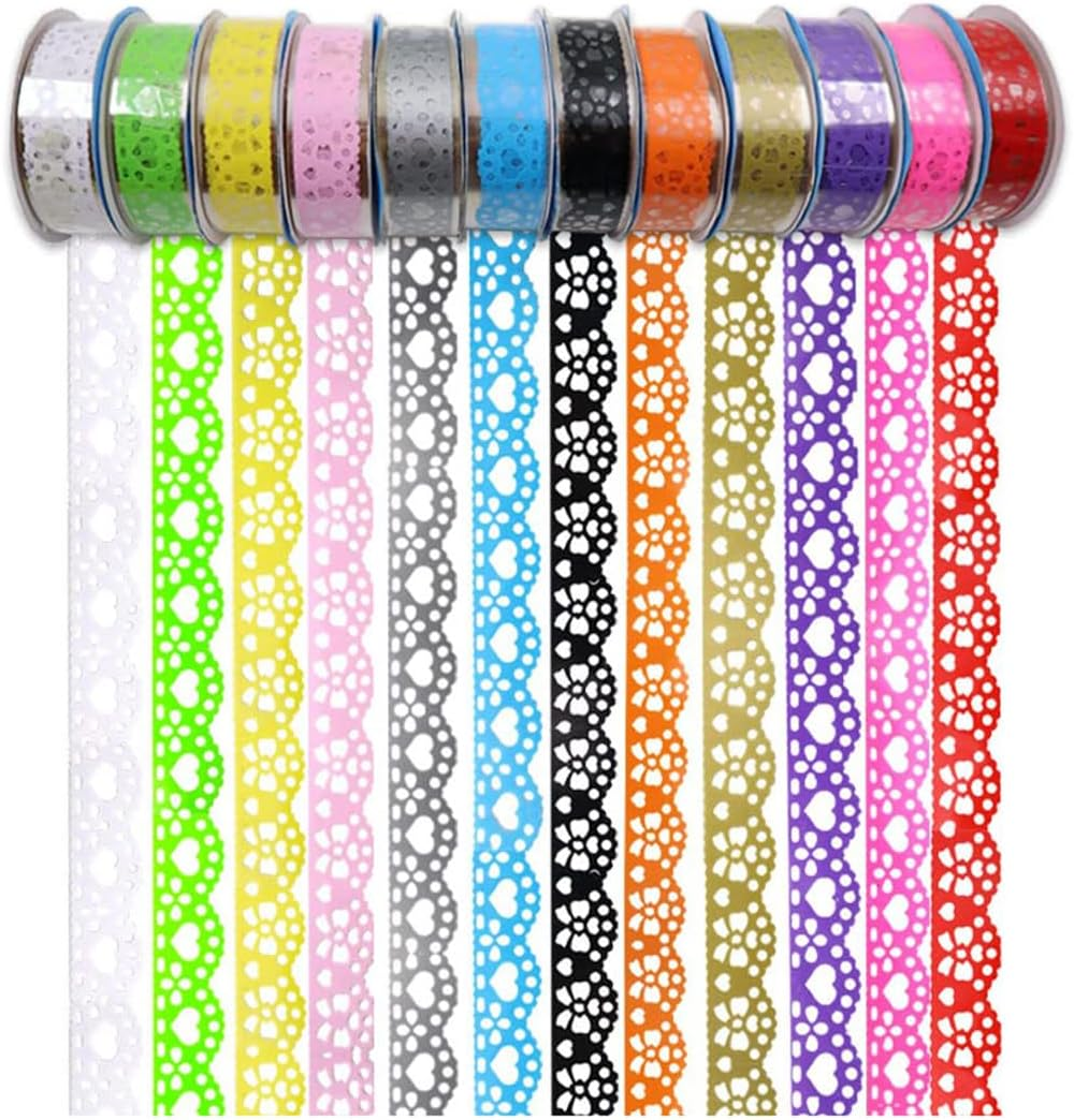 12 Rolls Lace Adhesive Tape Washi Tape Lace Flower Pattern Bling Sticker,Lace Pattern Colorful Sticky Pape for DIY Decorative Craft Gift Wrapping (Mixed Color) image number 6