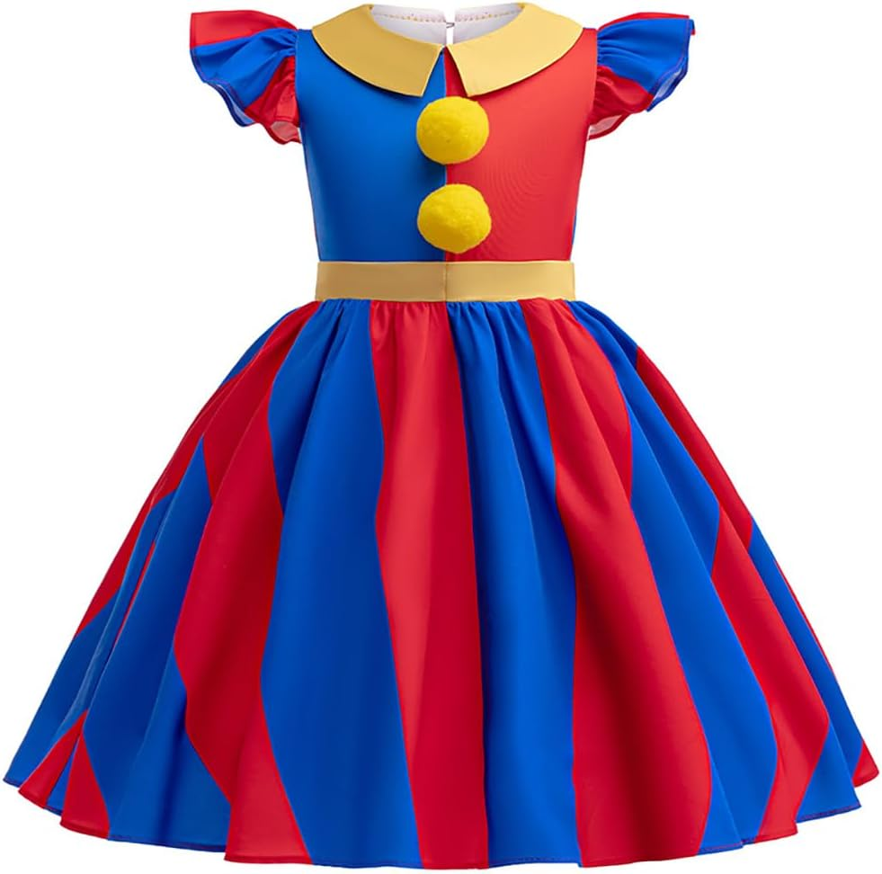 FYMNSI Kids Girls Halloween Costumes Circus Clown Cosplay Dress up Red Blue Striped Dress and Gloves Birthday Party Supplies