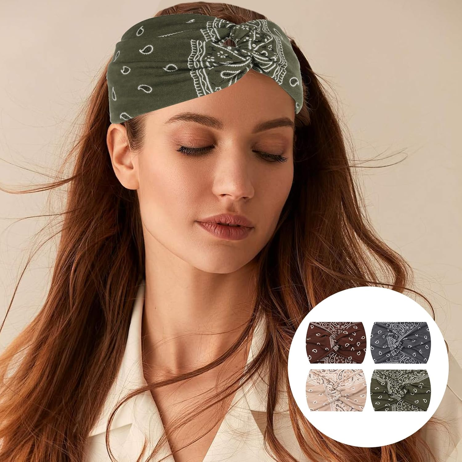 Pack of 4 Women'S Summer Boho Clothing Women'S Headbands, Headscarf, Elastic, Hair Bands, Hair Scarf Women for Tying Colourful, Make-Up Headband Girls, Hair Accessories Women, Headband Sport image number 5