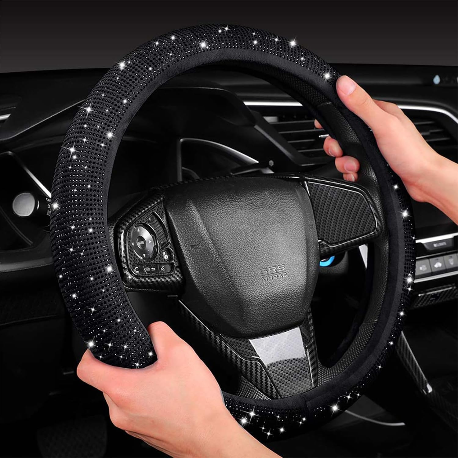 Steering Wheel Cover for Women Bling Crystal Diamond Sparkling Steering Wheel Covers with Coaster Interior Accessories Universal Fit 14"-15" Anti-Slip Steering Wheel Protector (Pink) image number 4