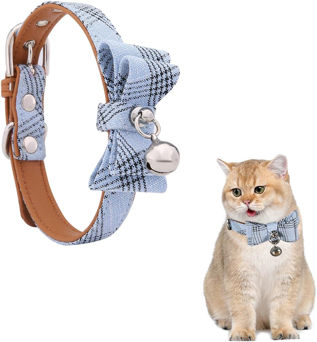 Cat Collar Breakaway Stylish Plaid Kitten Collar with Decorative Bow Tie and Bell for Pet (Neck 22-23Cm, Blue) image number 5
