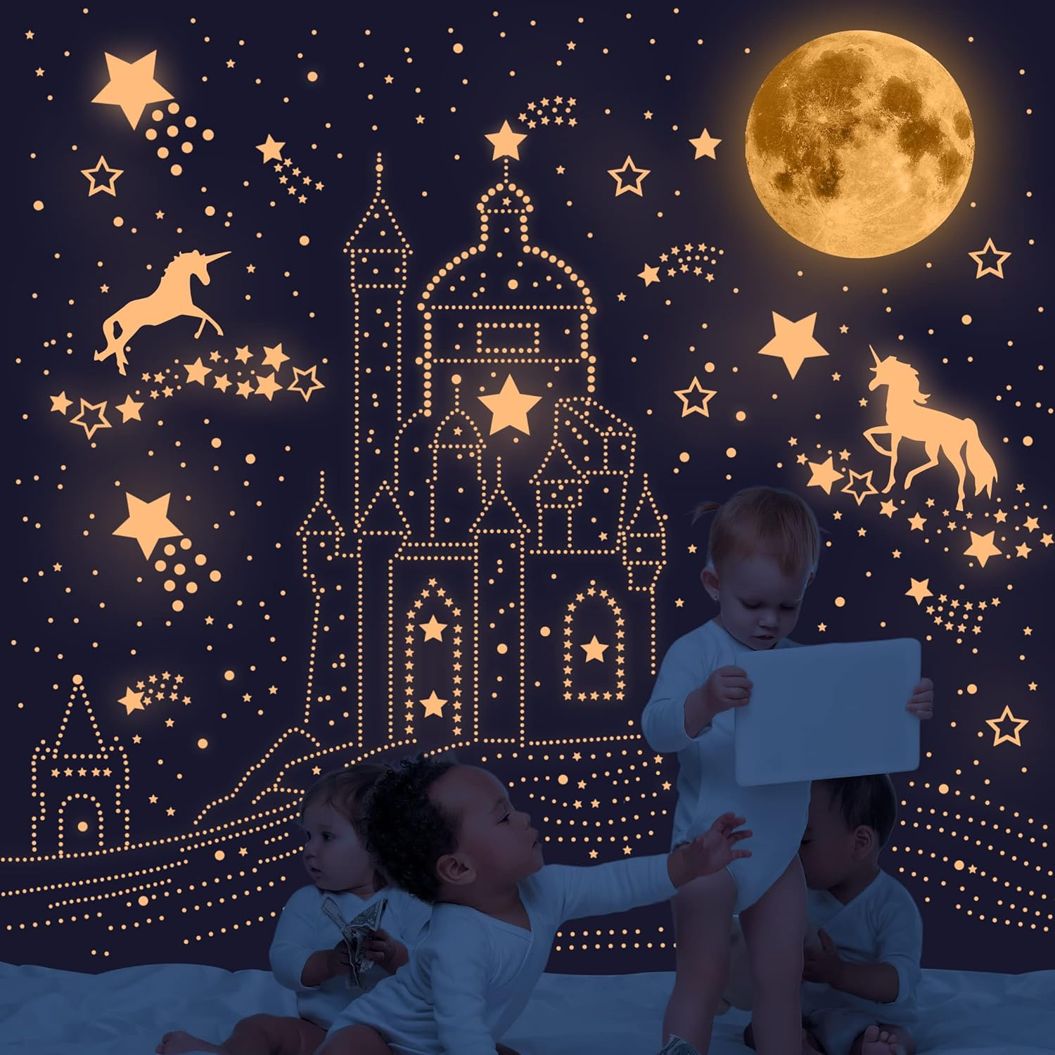 Glow in the Dark Unicorn Wall Decals for Girls Room, Luminous Moon and Stars for Ceiling, Fairy Stickers Wall Decor for Kids Bedroom Birthday Party(Pink) image number 3