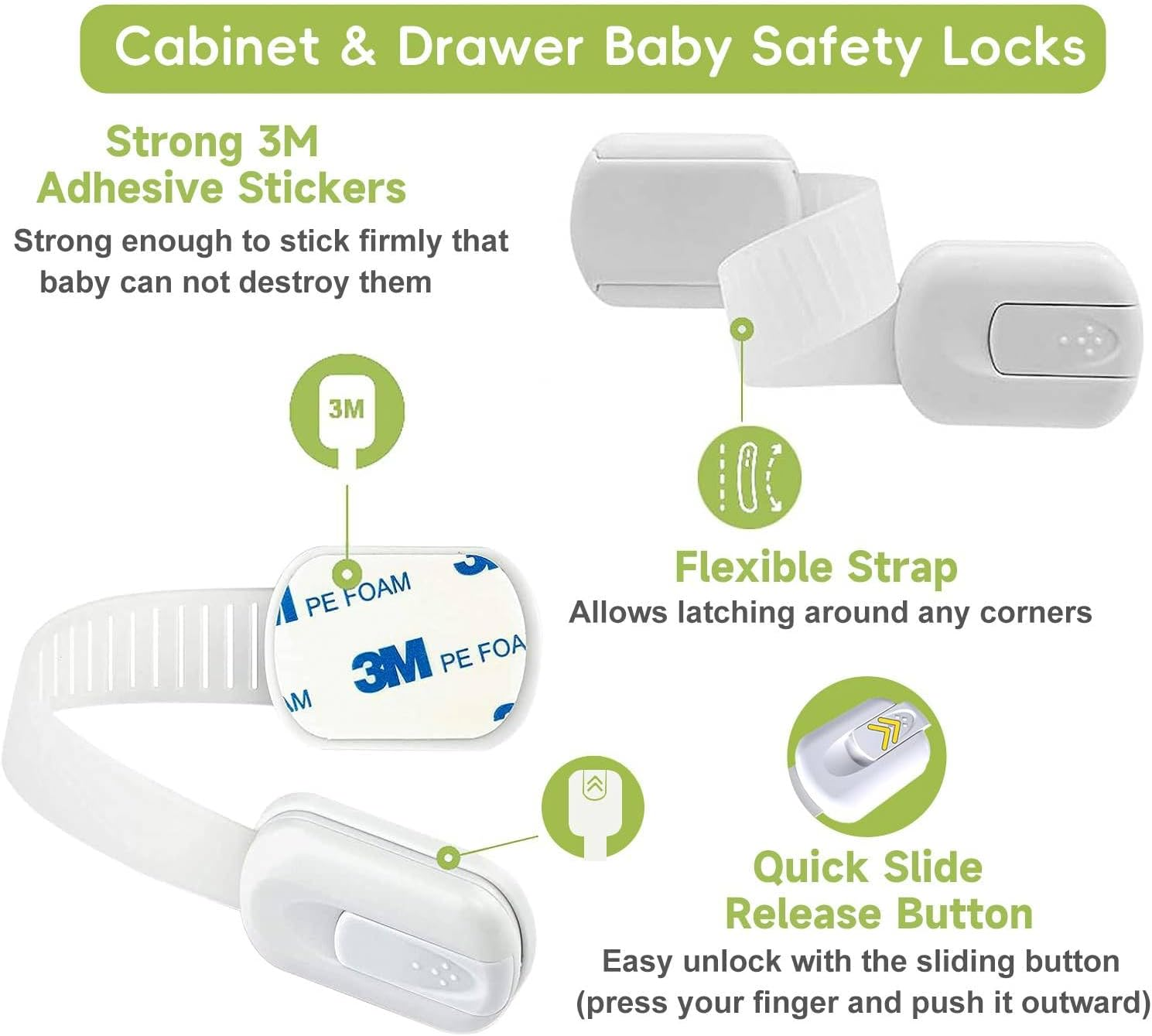 Child Safety Cabinet Locks - (10 Pack White) Baby Proofing Latches to Drawer Door Fridge Oven Toilet Seat Kitchen Cupboard Appliance Trash Can with 3M Adhesive - Adjustable Strap No Drill No Tool image number 2