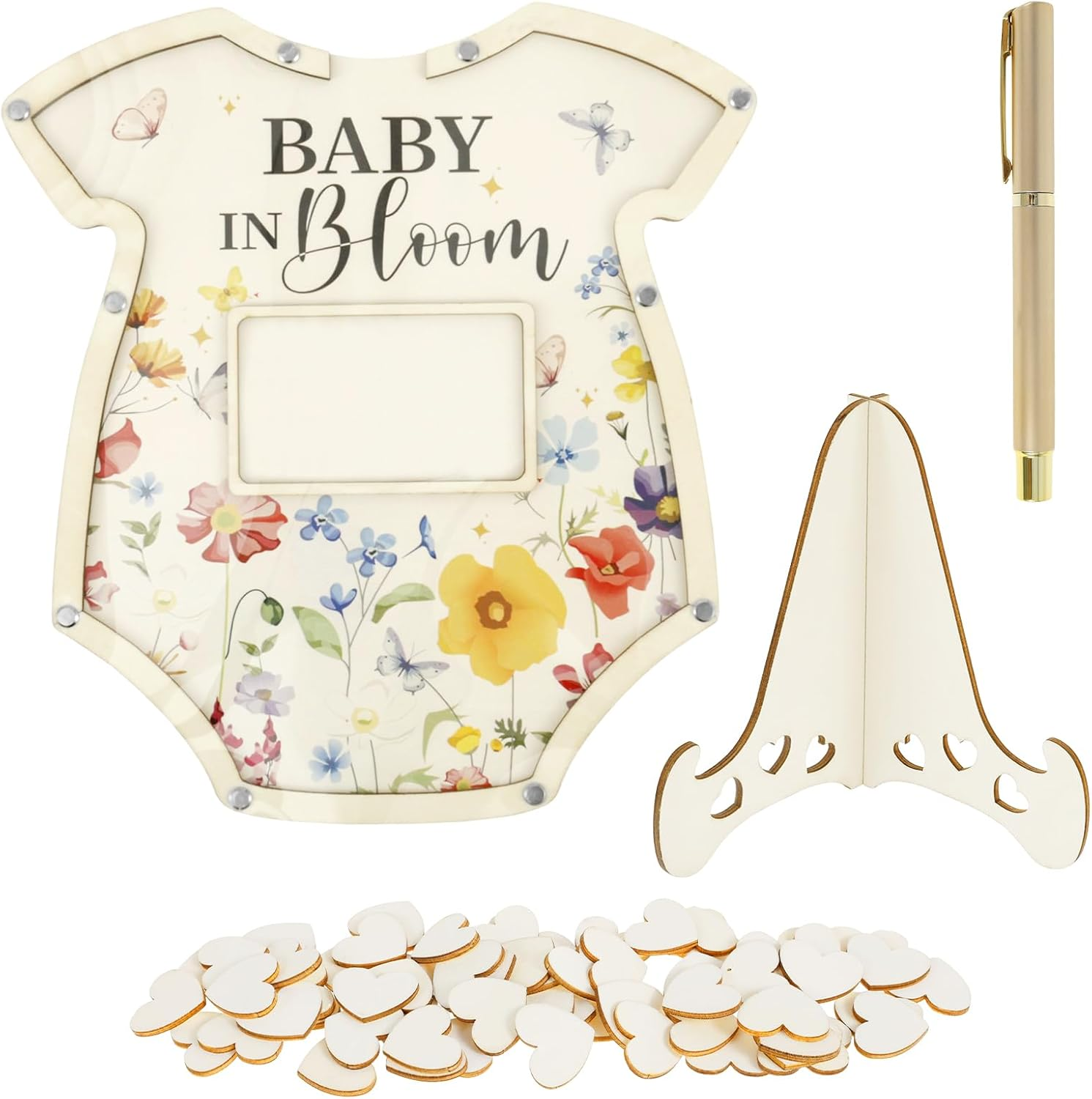 Wood Baby Shower Guest Book, Record Growth Baby Shower Picture Frame with Stand and Pen Guest Book Alternative for Party image number 1