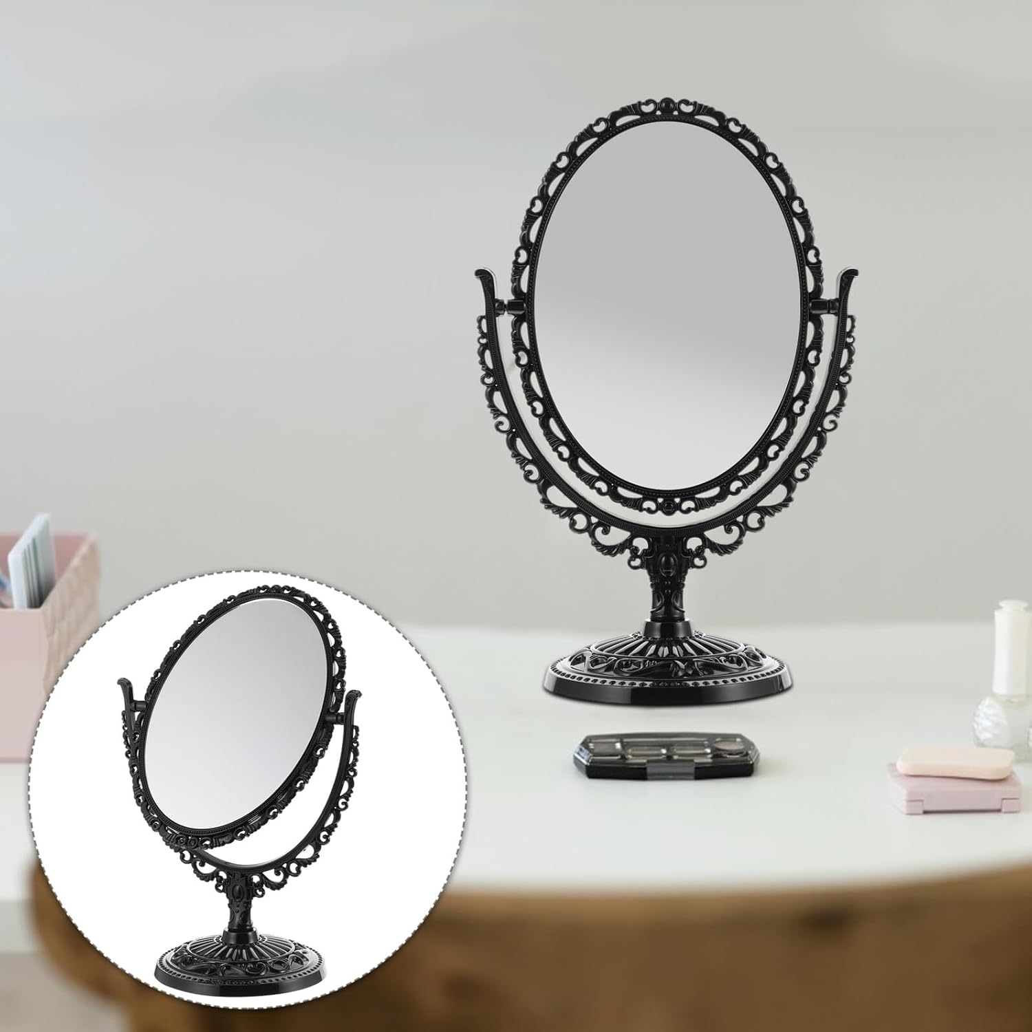 ULTECHNOVO Vintage Black Oval Double-Sided Makeup Mirror Swivel Base, Large Retro Metal Cosmetic Mirror for Vanity Desk and Dressing Table Use image number 5