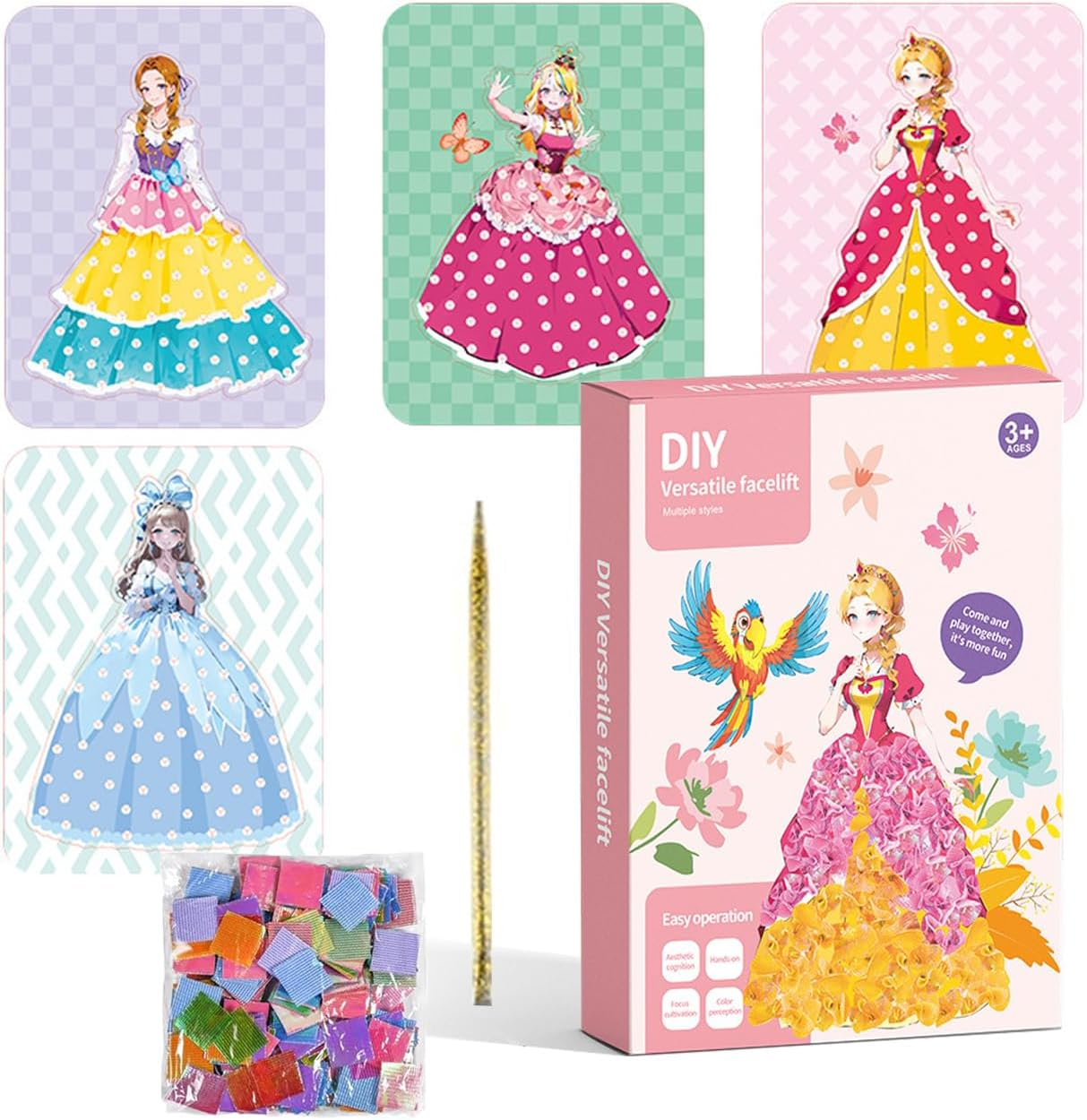 BERYART Creative Princess Dress-Up Activity Book with Watercolor Painting, Stickers, Poking, Puzzle Puncture Painting for Kids, Enchanted Fabric Art Set Crafts for Girls Ages 4, 5, 6, 7, 8, 9, 10 image number 4