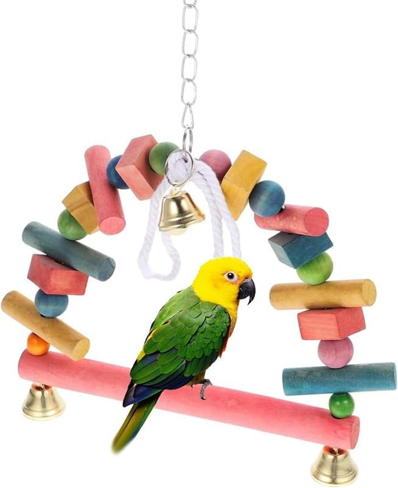 Wooden Hanging Bird Swing Perch with Bell, 1Pc Wooden Bird Swing Perch Parrot Hanging Toy with Bell, Bird Cage Swing Parrot Swing Hanger Toy Bird Cage Perched for Small Sized Birds image number 3