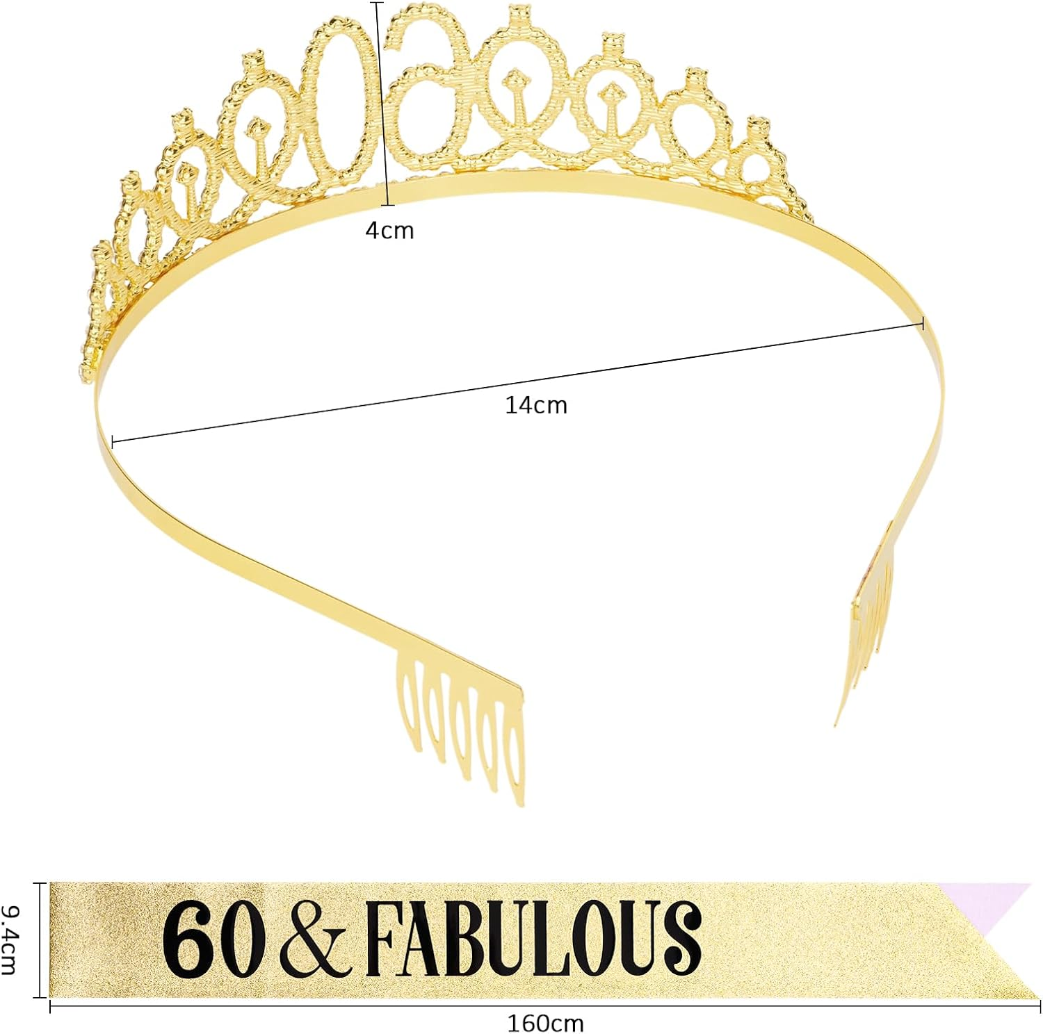 KIUEZIR Golden 60Th Birthday Tiara & Sash Set - Rhinestone Alloy 60Th Crown with Comb & Glitter Ribbon "60 & Fabulous" for Mom'S & Grandma'S Birthday Parties, Anniversaries and Photoshoots image number 5